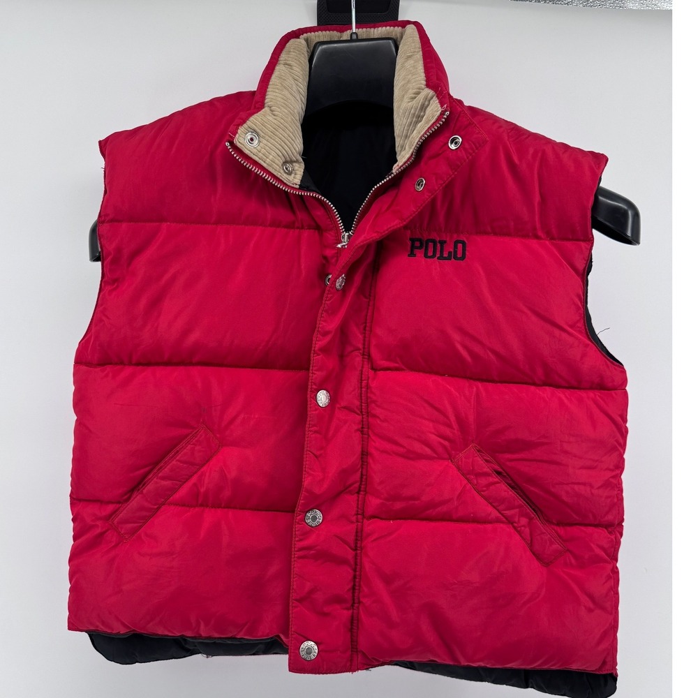 VTG Polo Ralph Lauren‎ Down Puffer Vest Womens Small Red Quilted Corduroy Collar